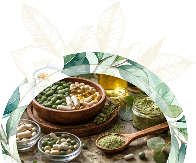 Bowl of nutrients, capsules, and herbal supplements